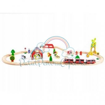 Circuit din lemn Pentru Copii ECOTOYS, 53 piese si trenulet, multicolor